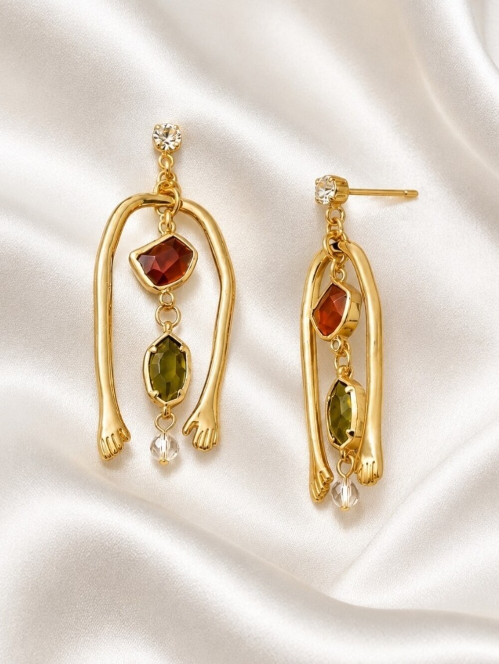 Gold Dangle Earrings with Red and Olive Stones